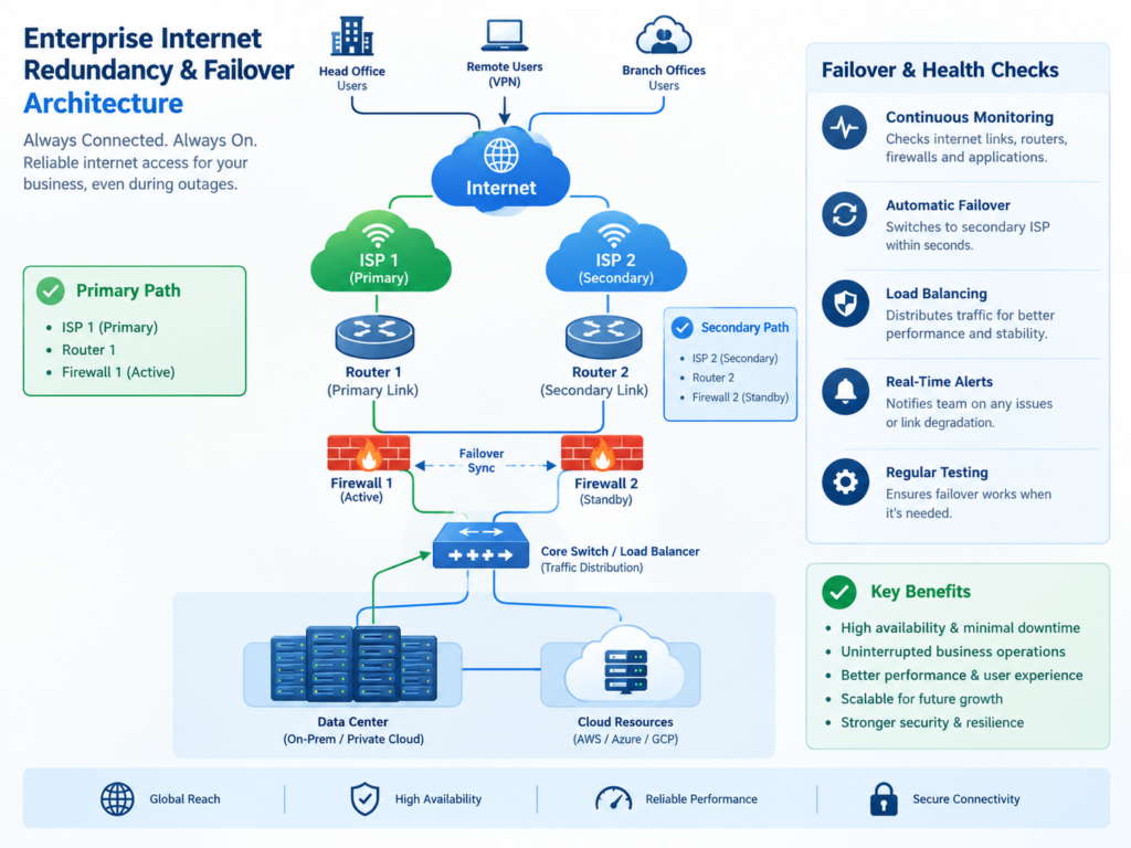 Enterprise internet redundancy architecture with dual ISP and automatic WAN failover