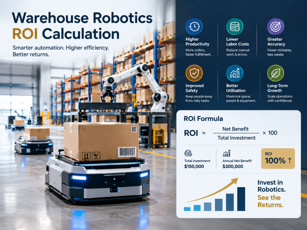 Warehouse robotics ROI calculation illustrating investment, operating benefits and payback.