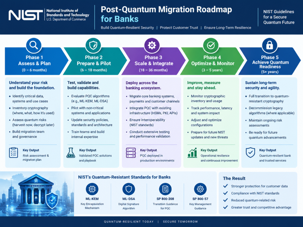 Post-quantum cryptography for financial services migration roadmap using NIST standards.