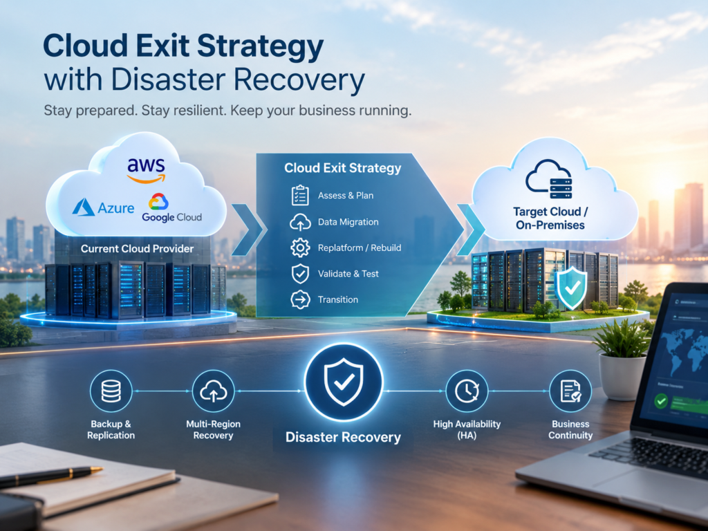 Cloud exit strategy using multi-cloud disaster recovery and independent backup infrastructure.