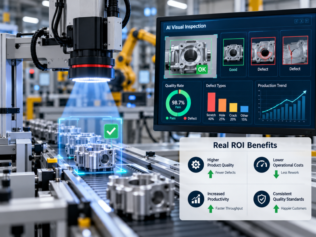 Computer vision for quality control dashboard tracking inspection results, defects, and manufacturing performance.