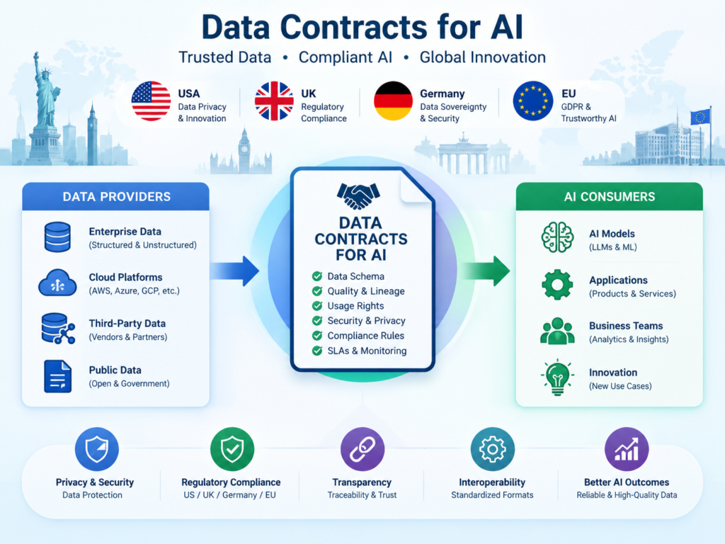 Data contracts for AI supporting enterprise data governance across the USA, UK, Germany, and EU.
