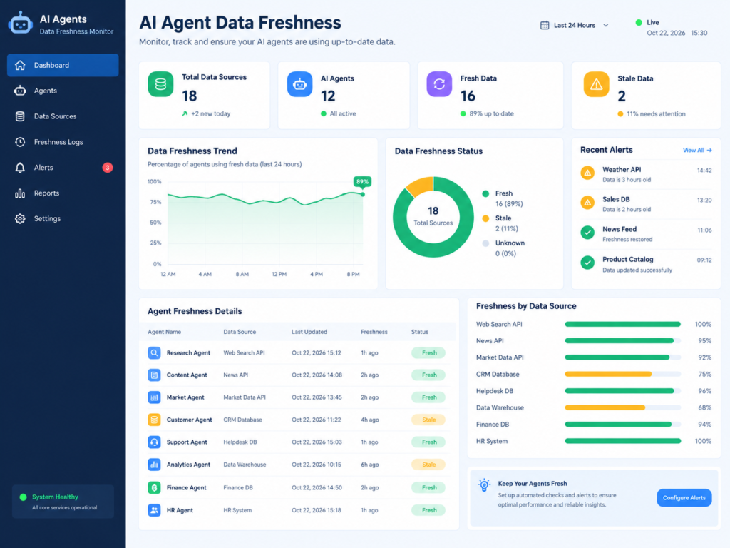 AI agent data freshness monitoring dashboard with stale-read metrics and version conflicts