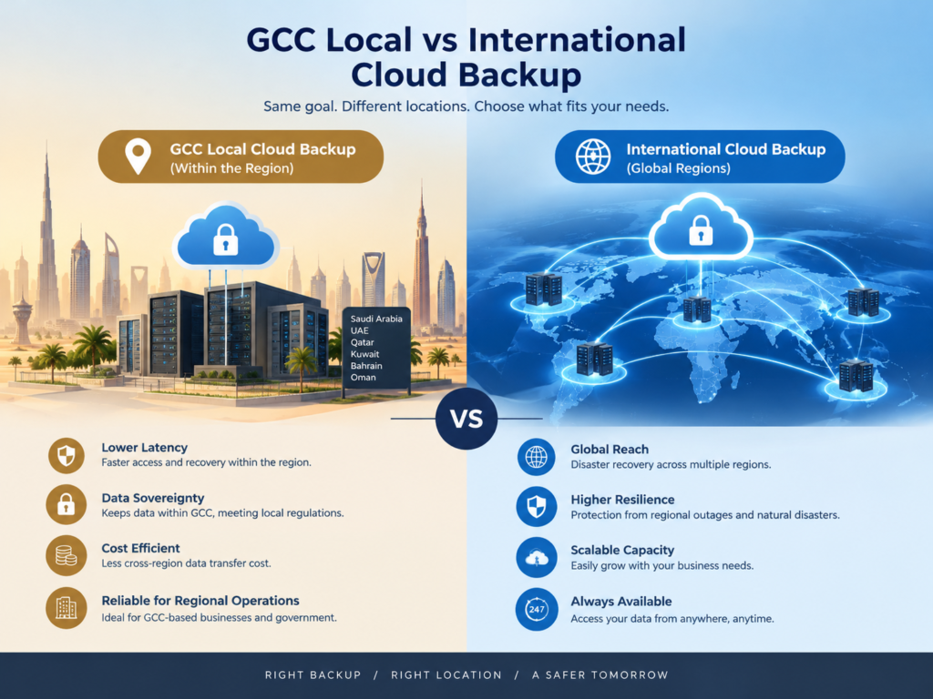 Data backup location in GCC comparison between domestic and overseas cloud storage.