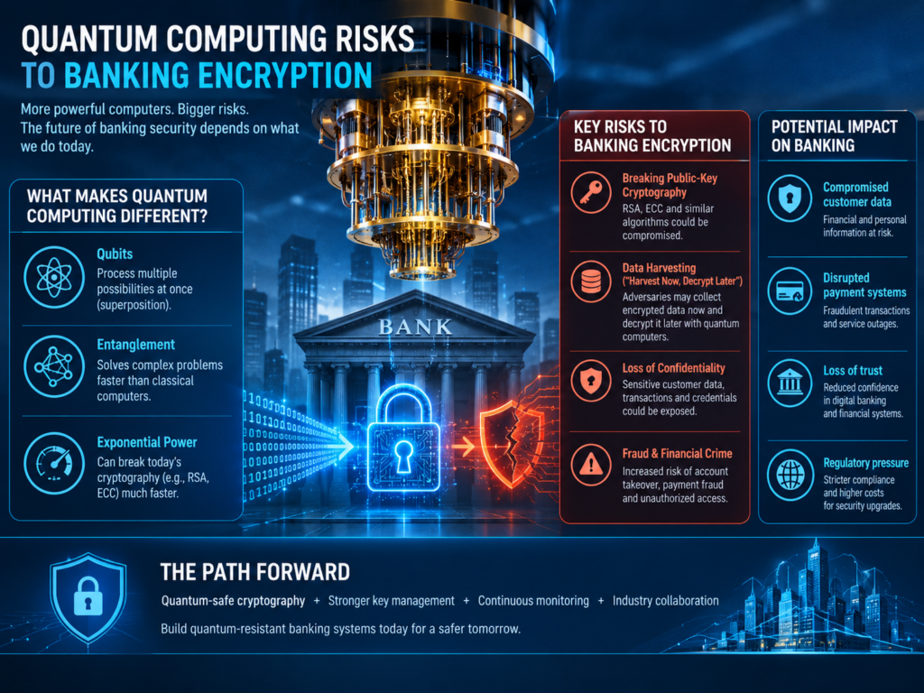 Post-quantum cryptography for financial services addressing RSA, ECC and financial data exposure.