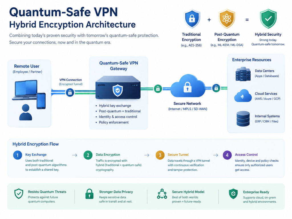 Quantum-Safe VPN architecture using ML-KEM and hybrid post-quantum encryption.