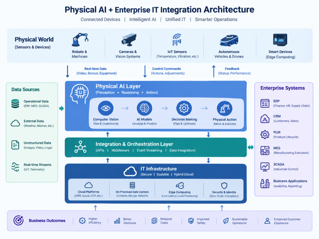 Physical AI architecture connecting robotics, edge computing, cloud platforms, and ERP systems.