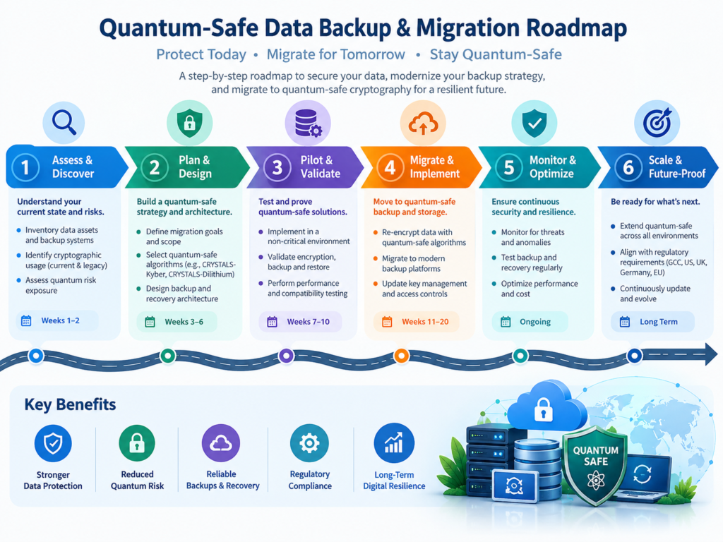 Six-step Quantum-Safe Data Backup migration roadmap for GCC enterprises.