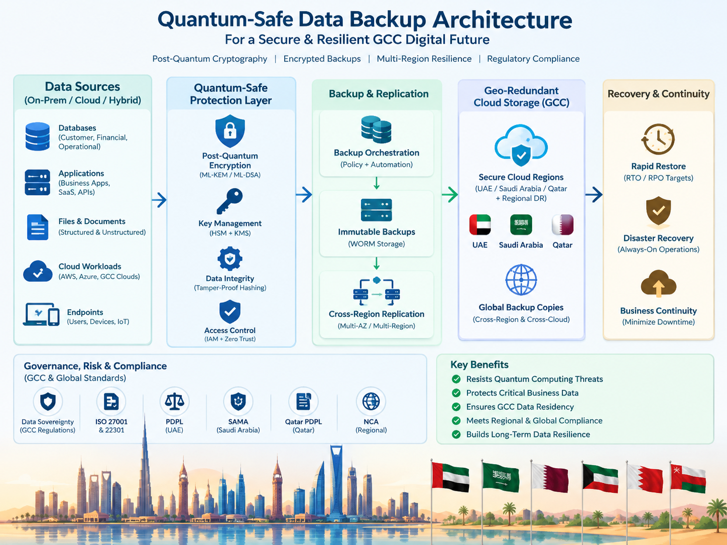 Quantum-Safe Data Backup architecture with encrypted storage, key management, and disaster recovery.