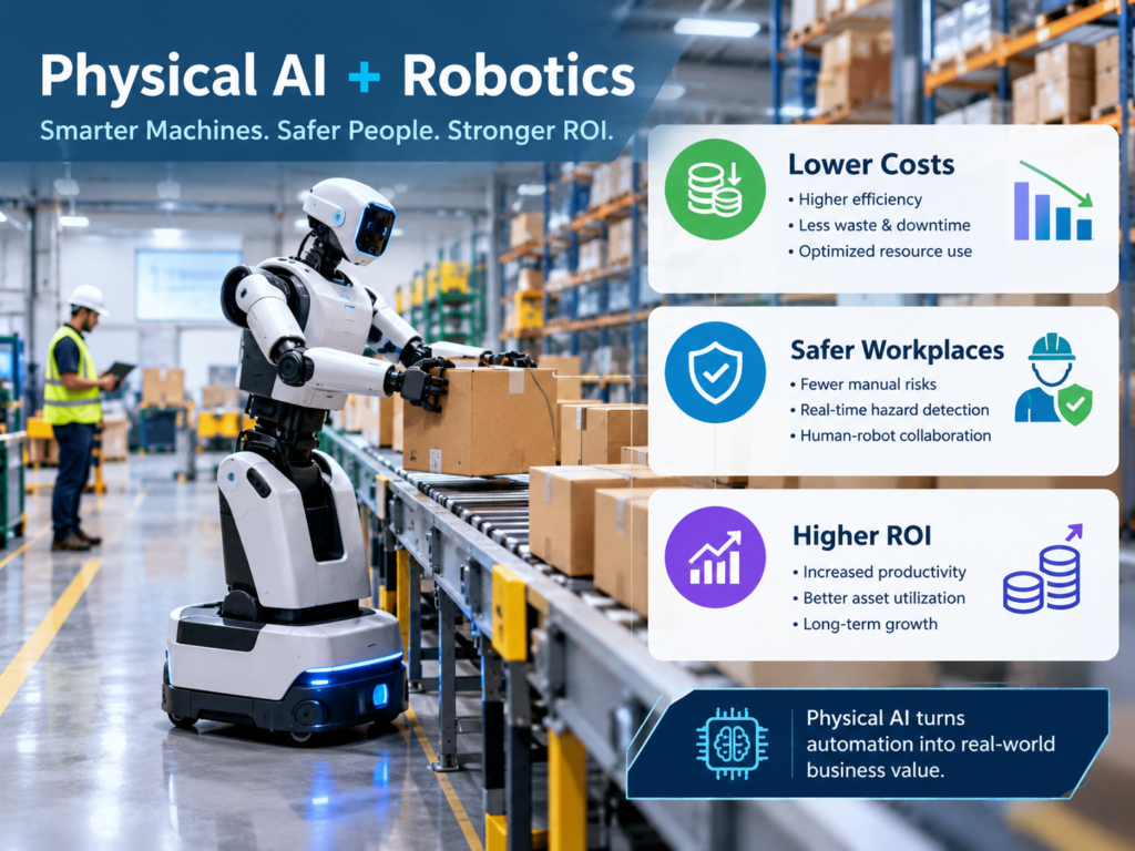 Physical AI vs traditional robotics cost and safety evaluation using industrial robot simulations.