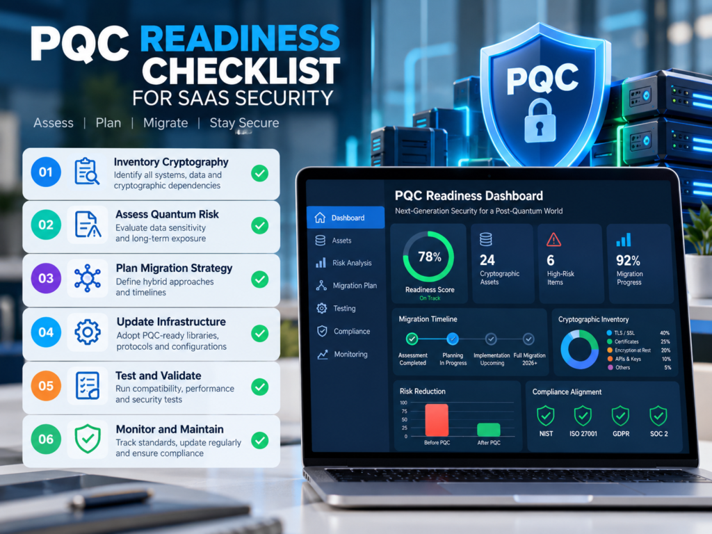 Post-quantum cryptography migration roadmap readiness dashboard showing asset inventory and testing progress