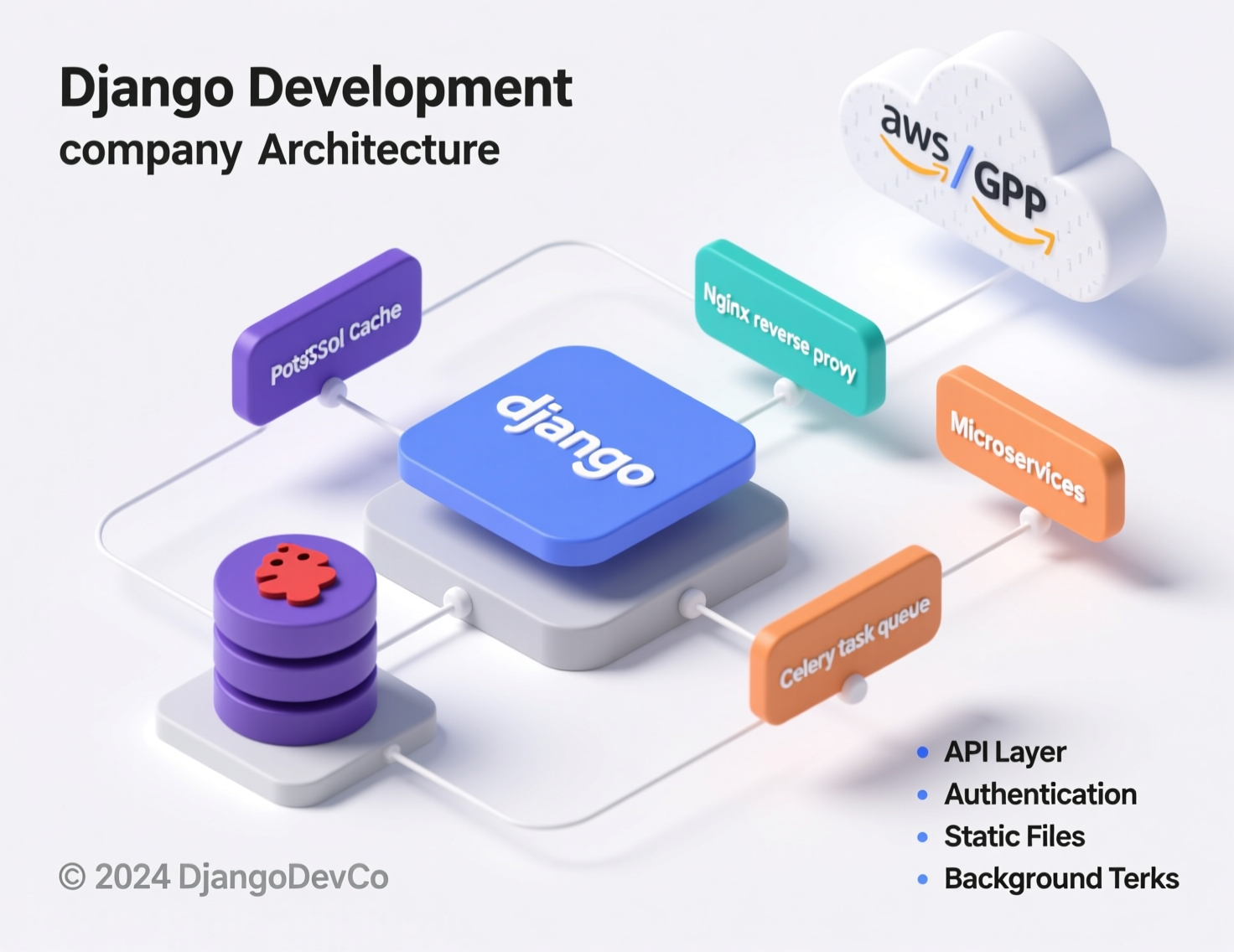 High-level architecture by a Django development company (Django, DRF, Postgres, Redis, Celery).
