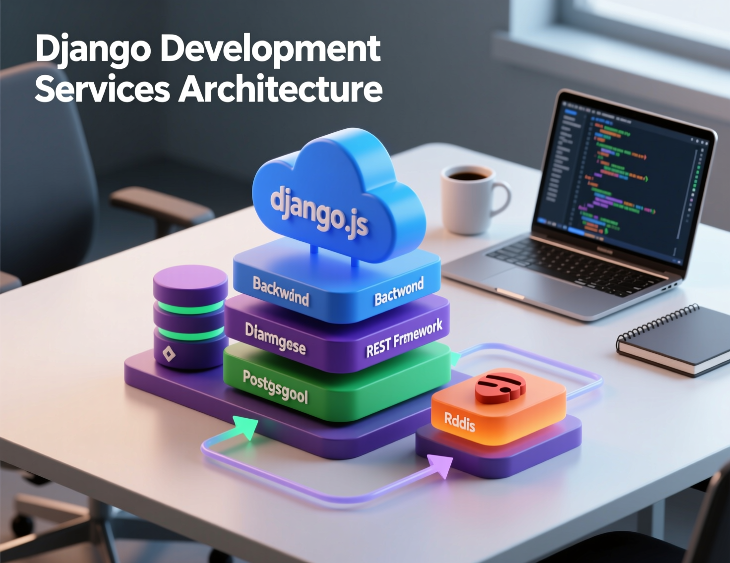 High-level architecture of Django development services with DRF, Celery, Redis, and Postgres”