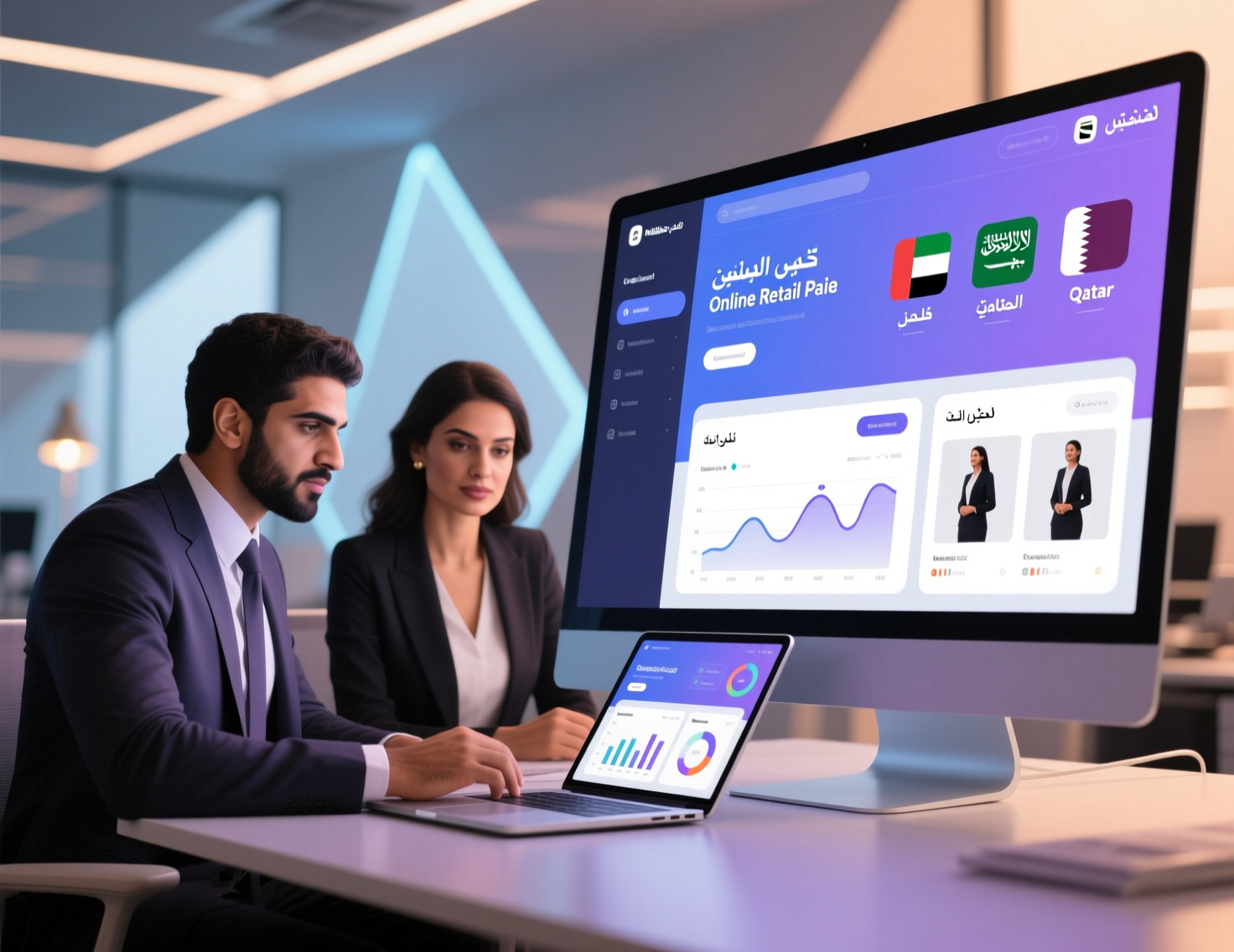 “Dubai skyline with GCC business team reviewing a Prestashop ecommerce dashboard.”
