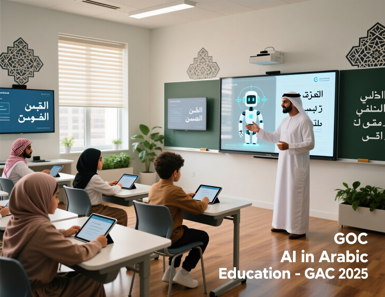 Teacher and students using AI in Arabic education in a Riyadh smart classroom