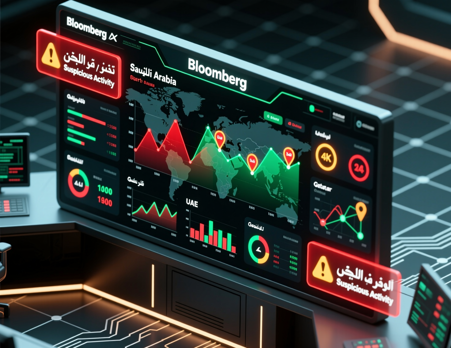 AI fraud detection in banking dashboard for Gulf banks showing real-time alerts