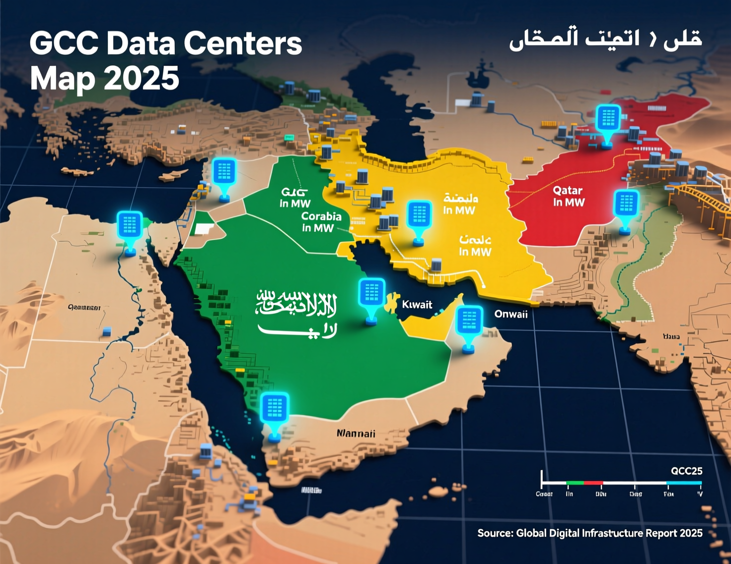 Map of Middle East data centers highlighting KSA, UAE and Qatar cloud regions