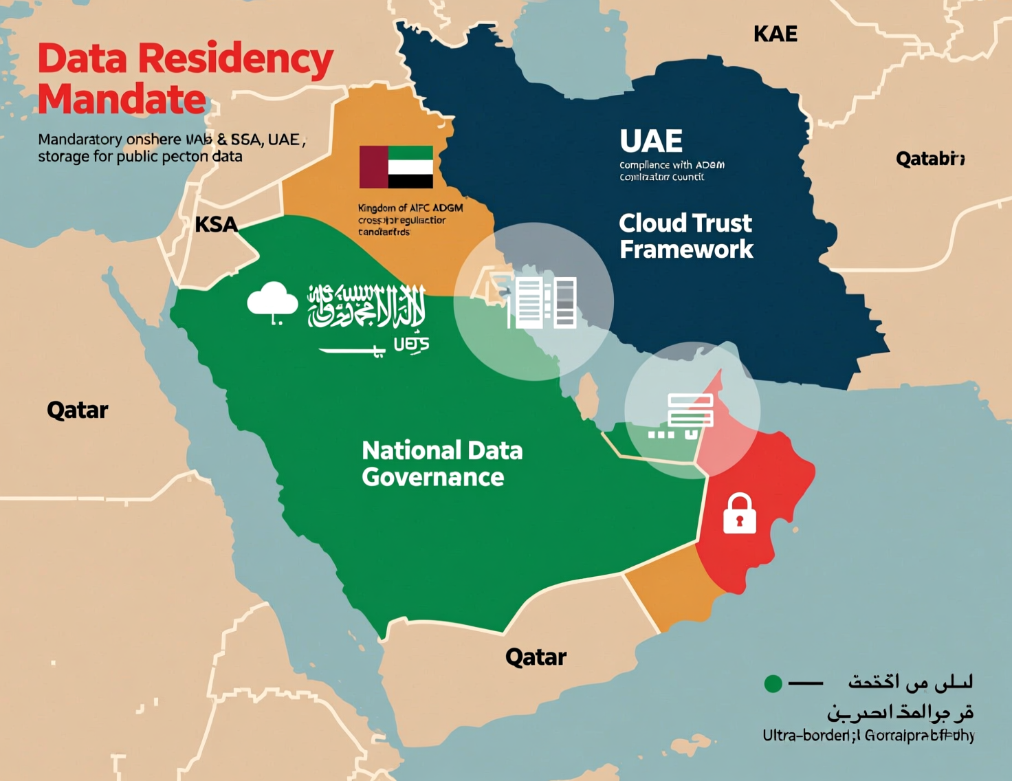 High-level map explaining GCC data localization laws for cloud computing across KSA, UAE and Qatar