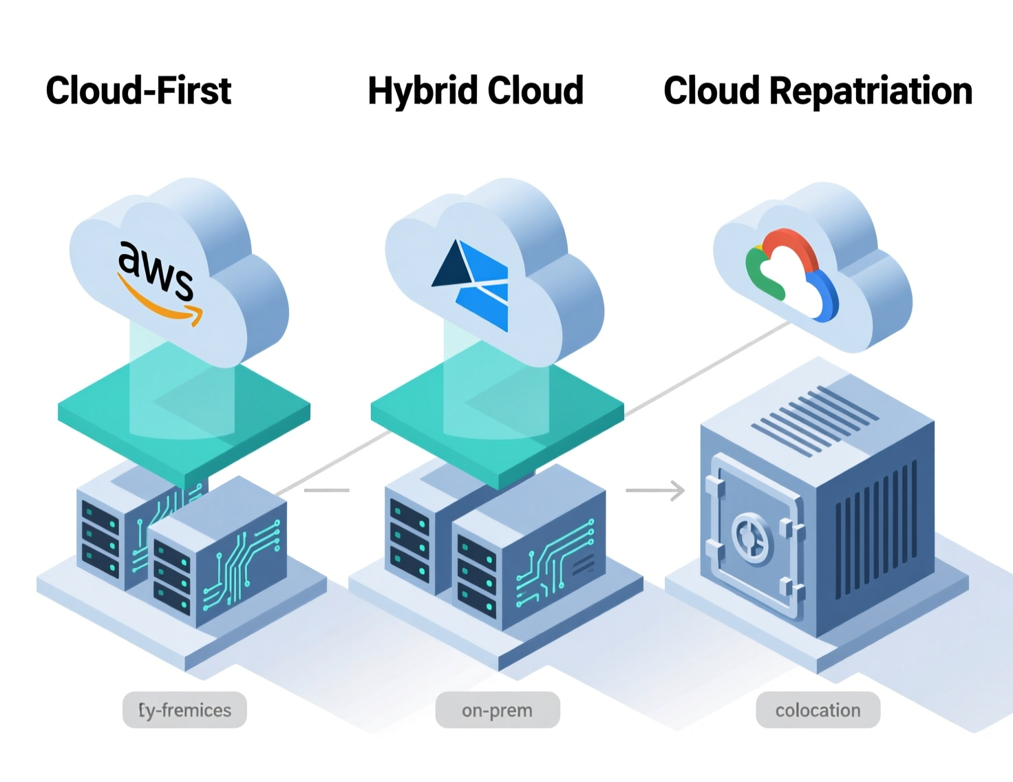 Diagram comparing cloud repatriation vs cloud-first and hybrid cloud architectures
