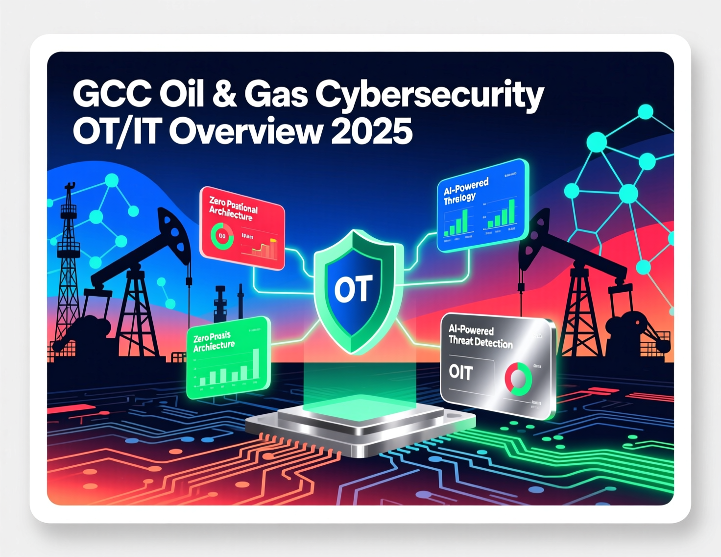 High-level diagram of GCC oil and gas cybersecurity showing IT–OT layers in refineries and pipelines
