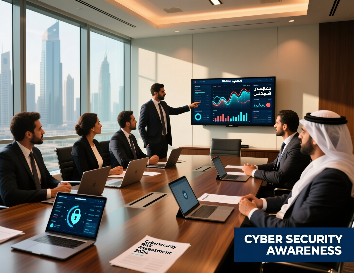 GCC executives discussing cyber security awareness in the Middle East in a Riyadh boardroom