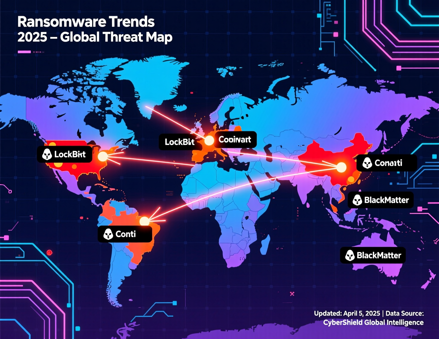 Global map illustrating ransomware trends 2025 across US, UK, Germany and EU