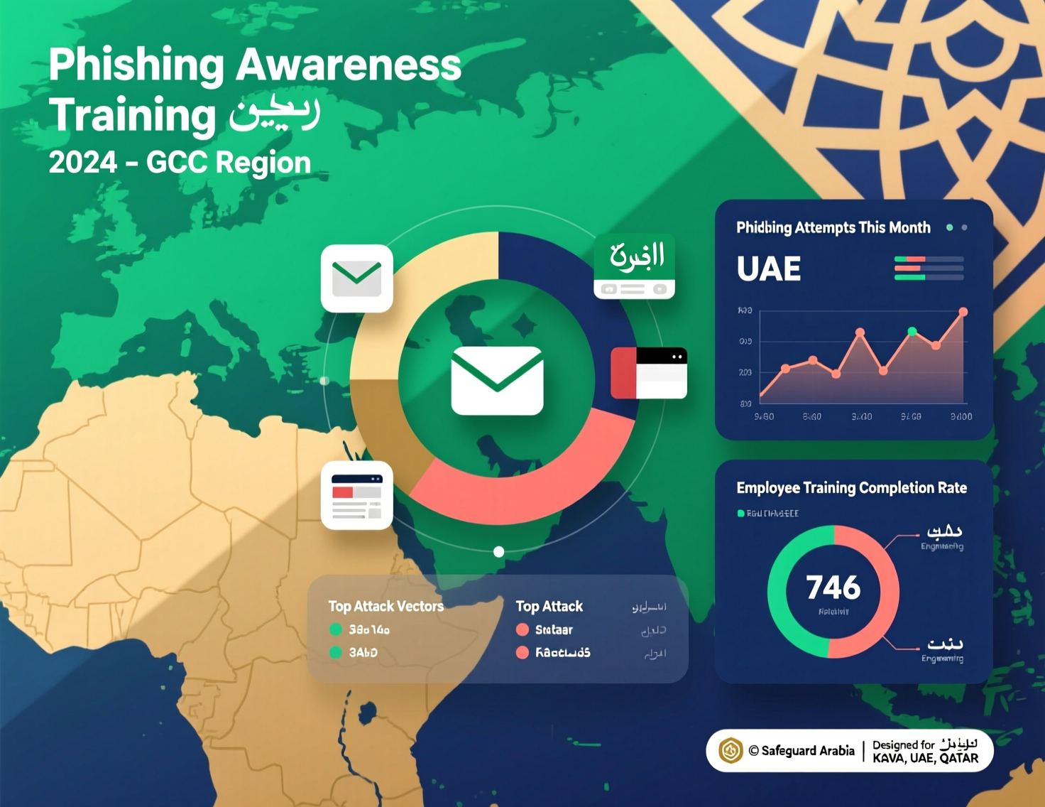 Dashboard view of phishing awareness training in the Middle East for KSA, UAE and Qatar employees
