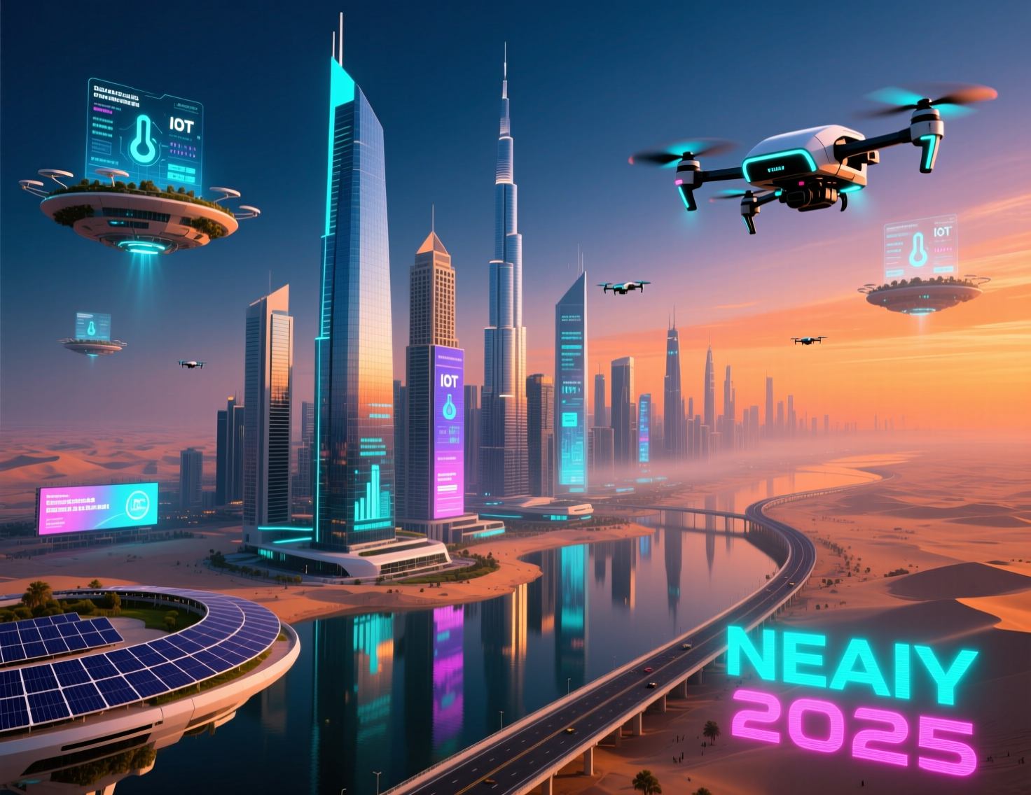 Aerial night view of Dubai and NEOM concept skyline showing smart city IoT networks in the GCC