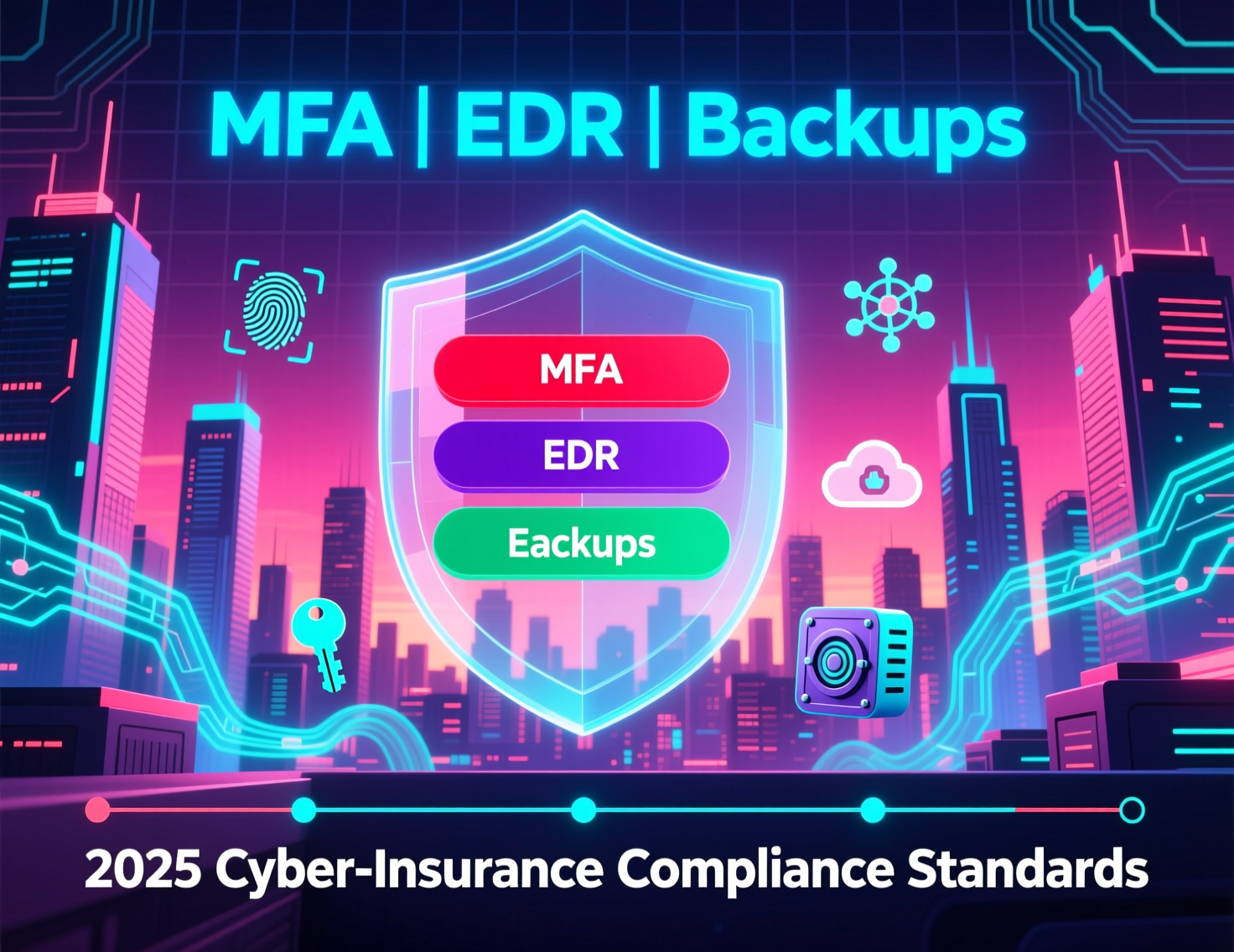 cyber-insurance-requirements-2025-mfa-edr-backups.png Cyber insurance requirements 2025 diagram highlighting MFA, EDR and backups