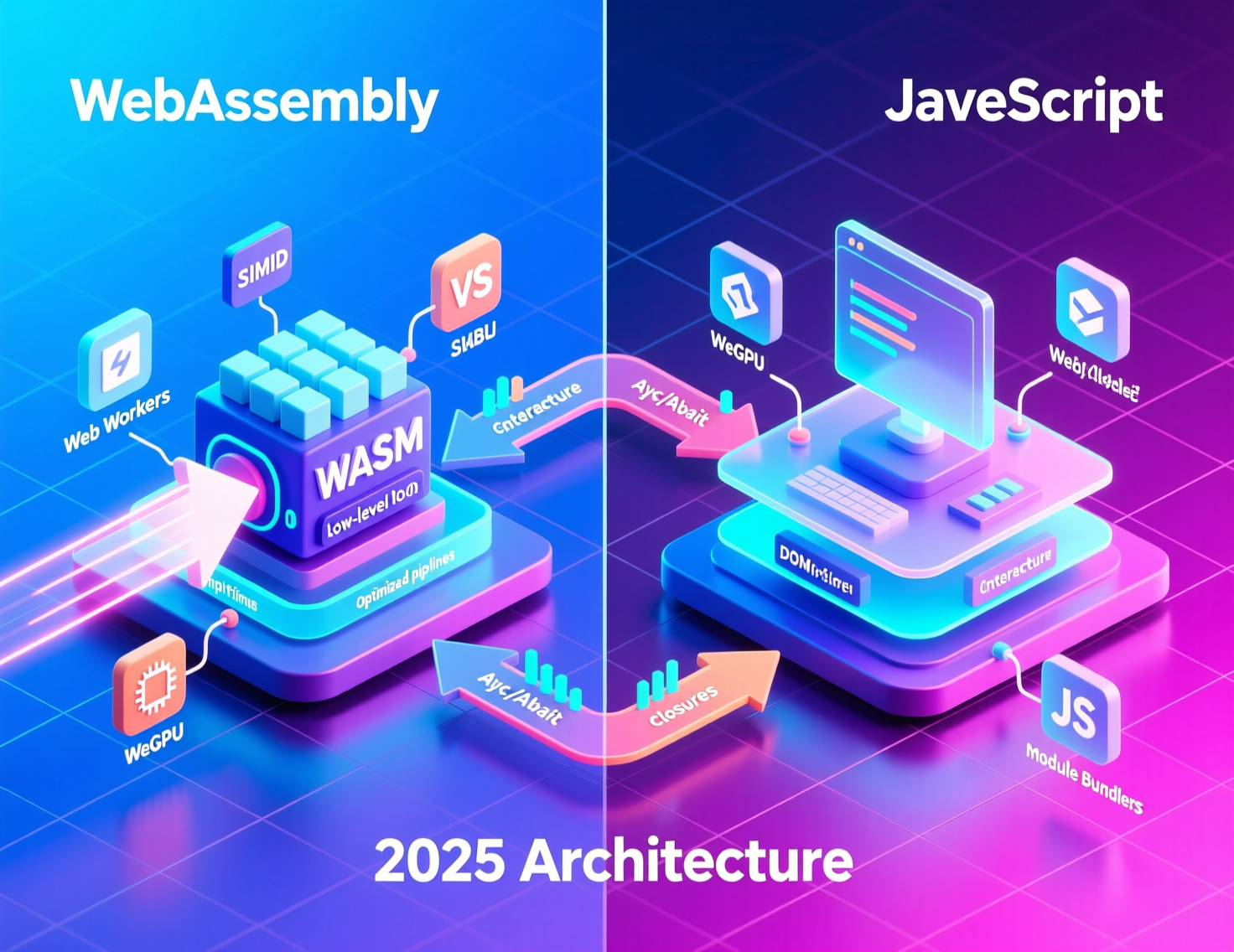High-level architecture diagram showing WebAssembly vs JavaScript roles in modern web stacks