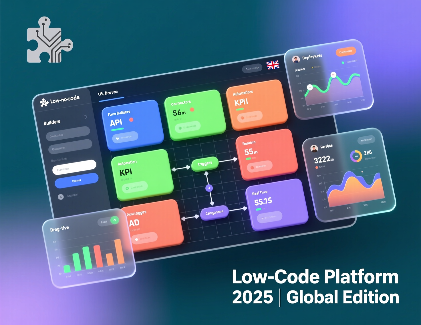 : Low-code no-code platforms dashboard showing app workflows for US, UK, and EU teams