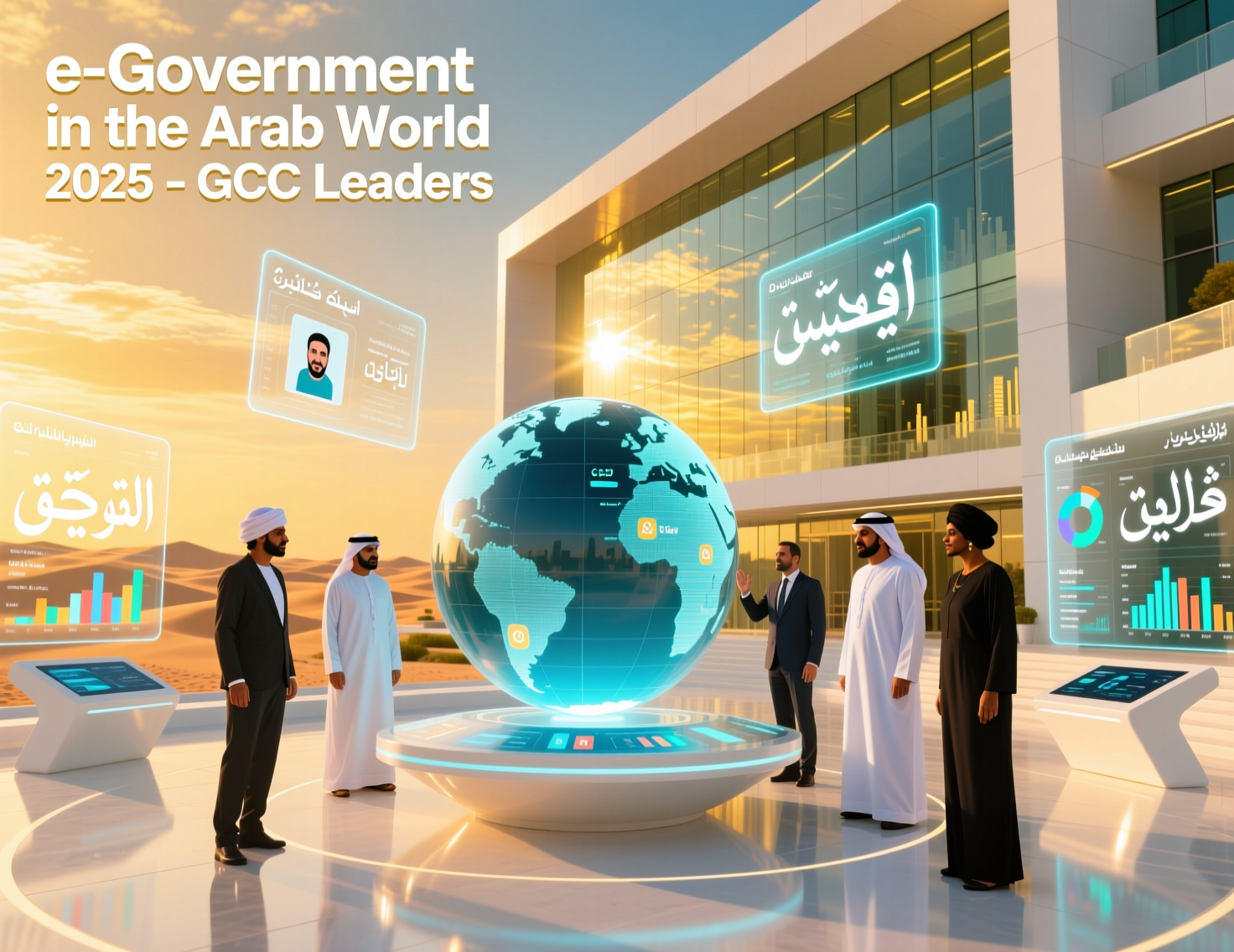 Map-style infographic showing e-government in the Arab world 2025 with GCC countries in the lead