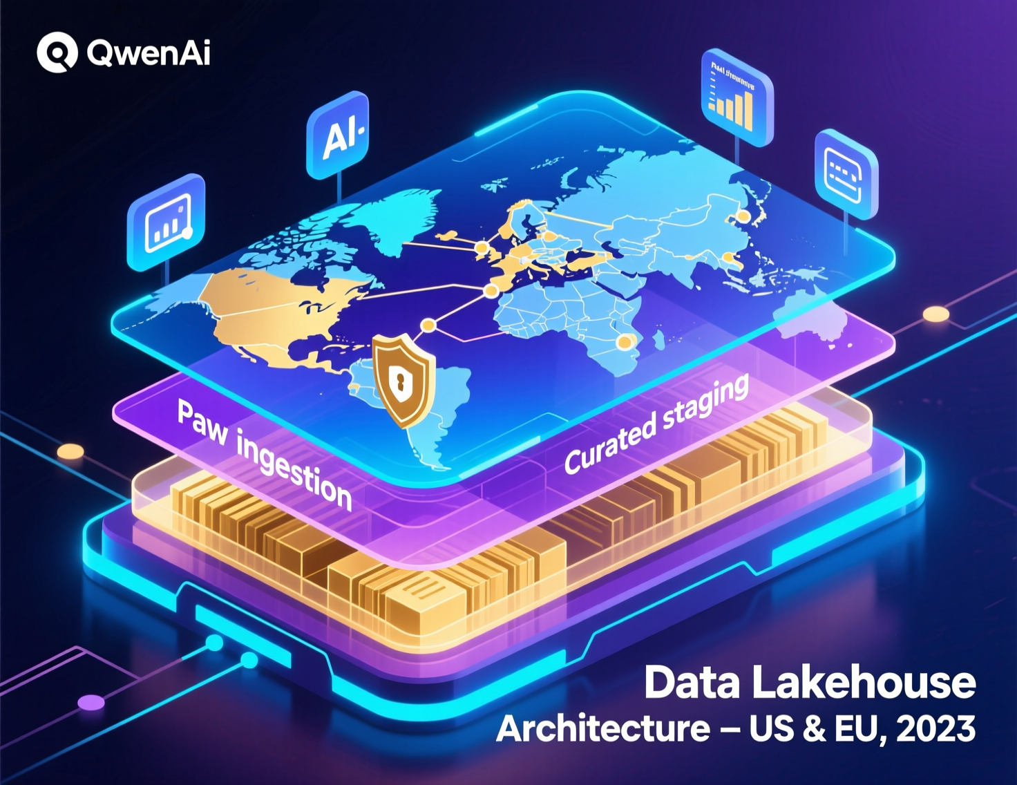 Diagram of data lakehouse architecture layers for US and EU enterprises