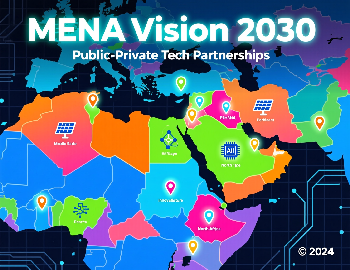 Diagram of public private tech partnerships in MENA for Vision 2030 showing KSA, UAE, and Qatar