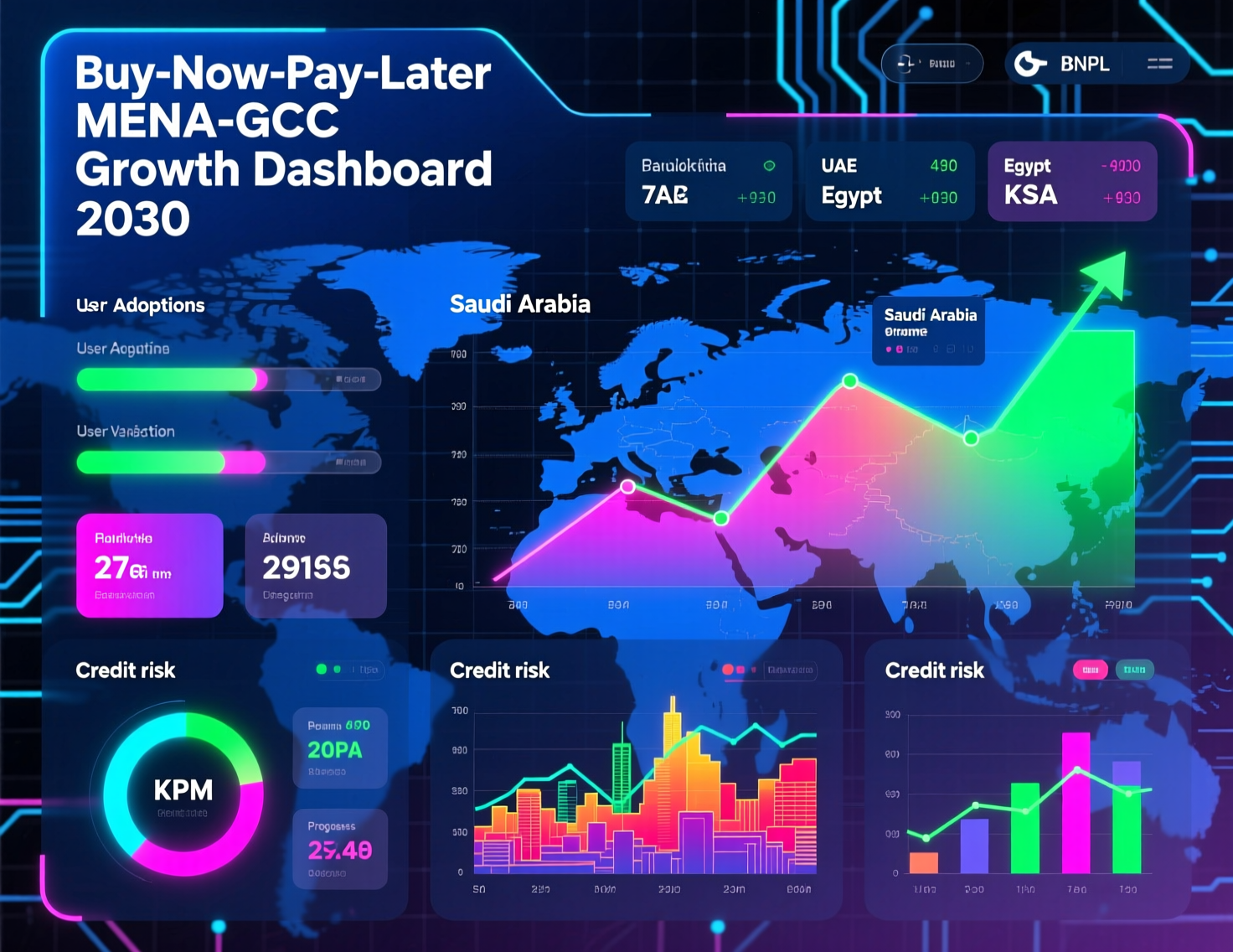 Data dashboard showing buy now pay later MENA growth across Saudi Arabia, UAE and Qatar