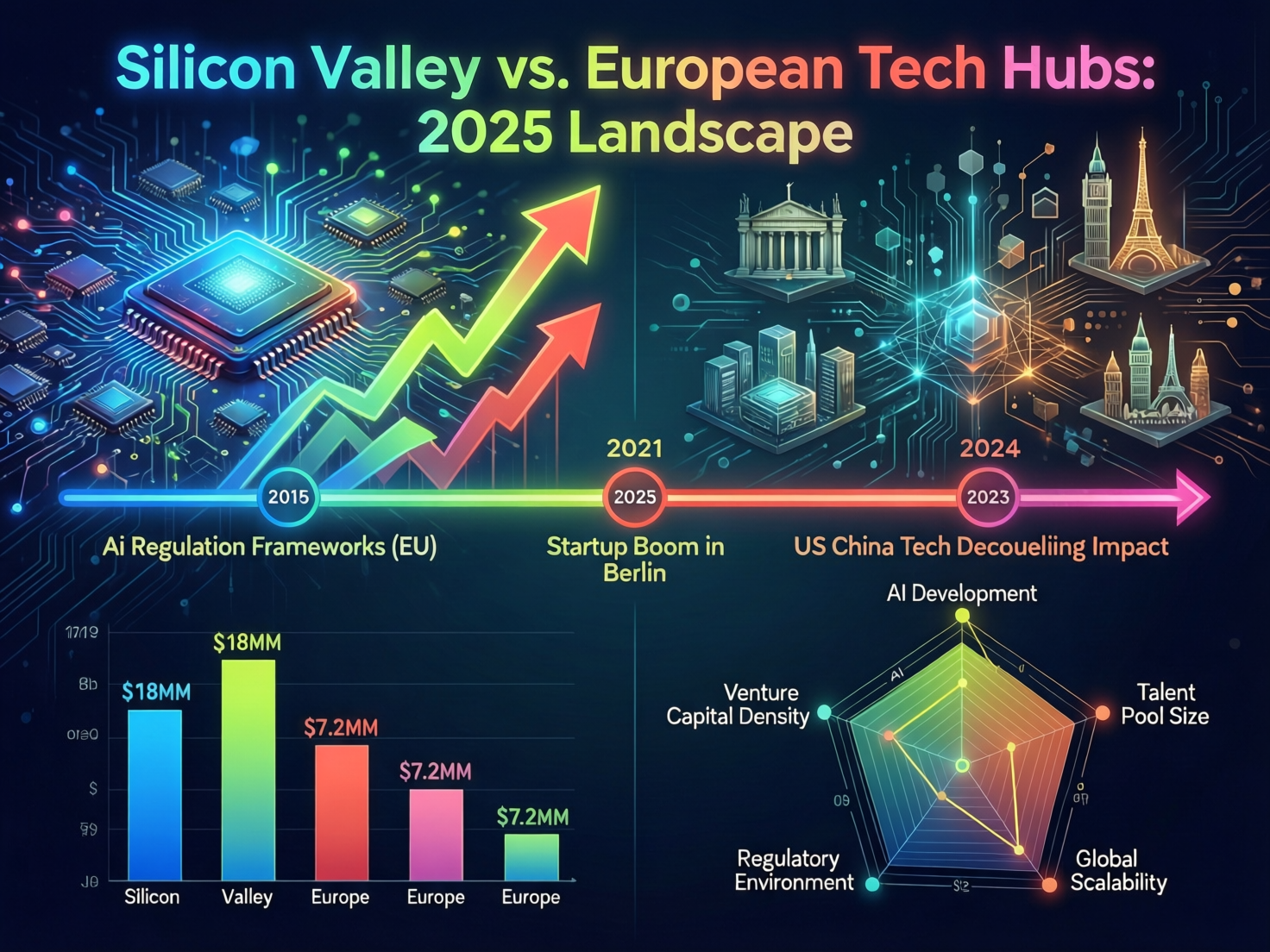 Aerial comparison of Silicon Valley and European tech hubs for founders choosing where to build in 2025