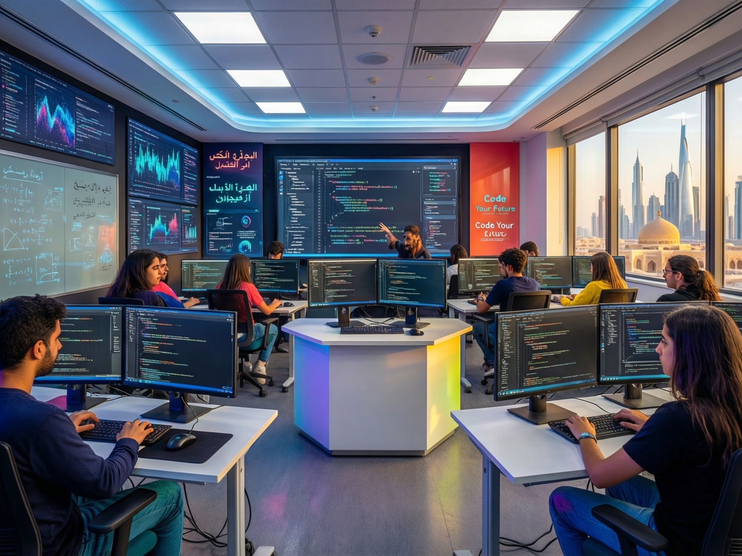 Arab youth learning to code at coding bootcamps in Saudi Arabia in a modern Riyadh classroom
