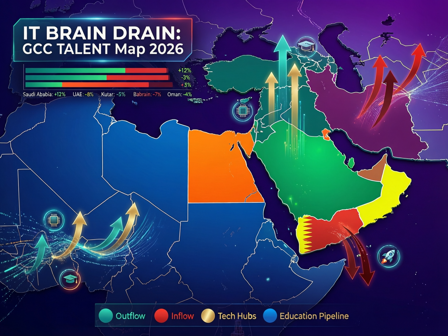 Regional map showing IT brain drain in Arab countries and GCC tech hubs