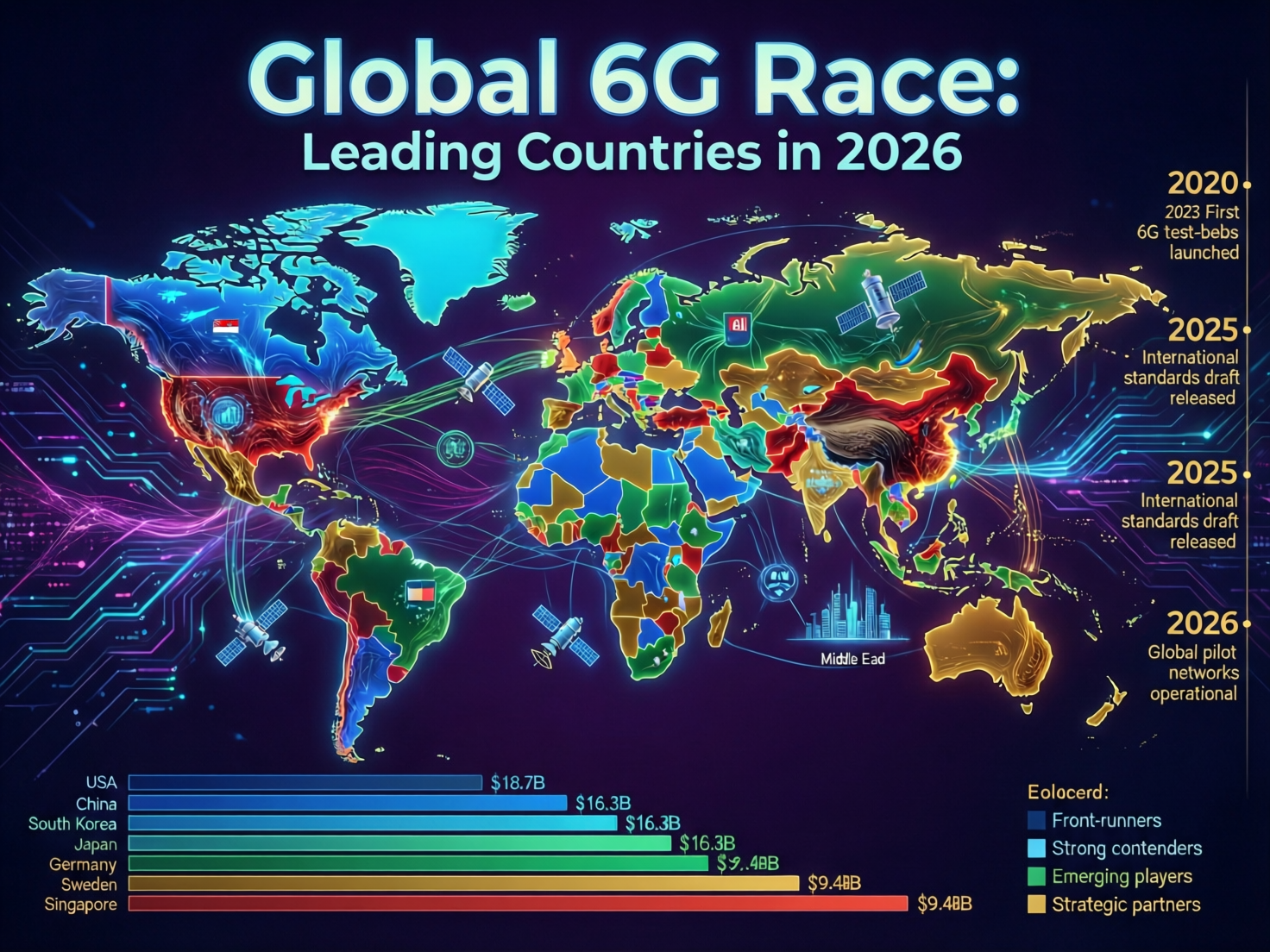 Map showing who is leading the race to 6G in 2026 across US, UK, Germany, EU and Asia