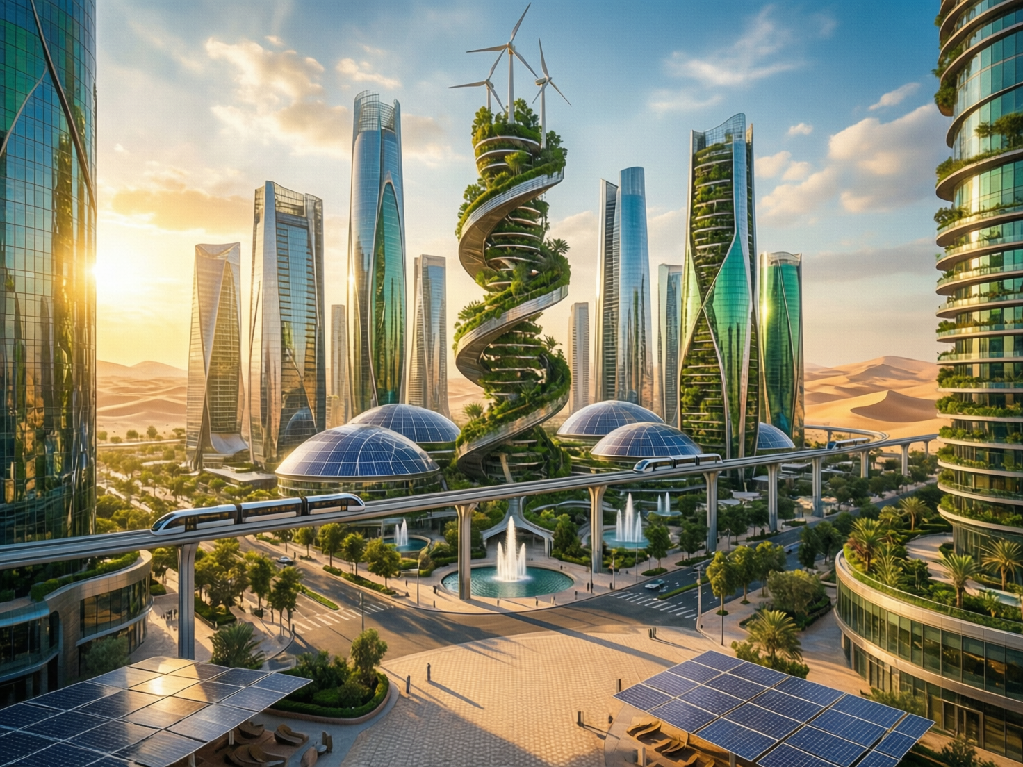 Smart city skyline showing green technology in the Middle East across Riyadh and Dubai