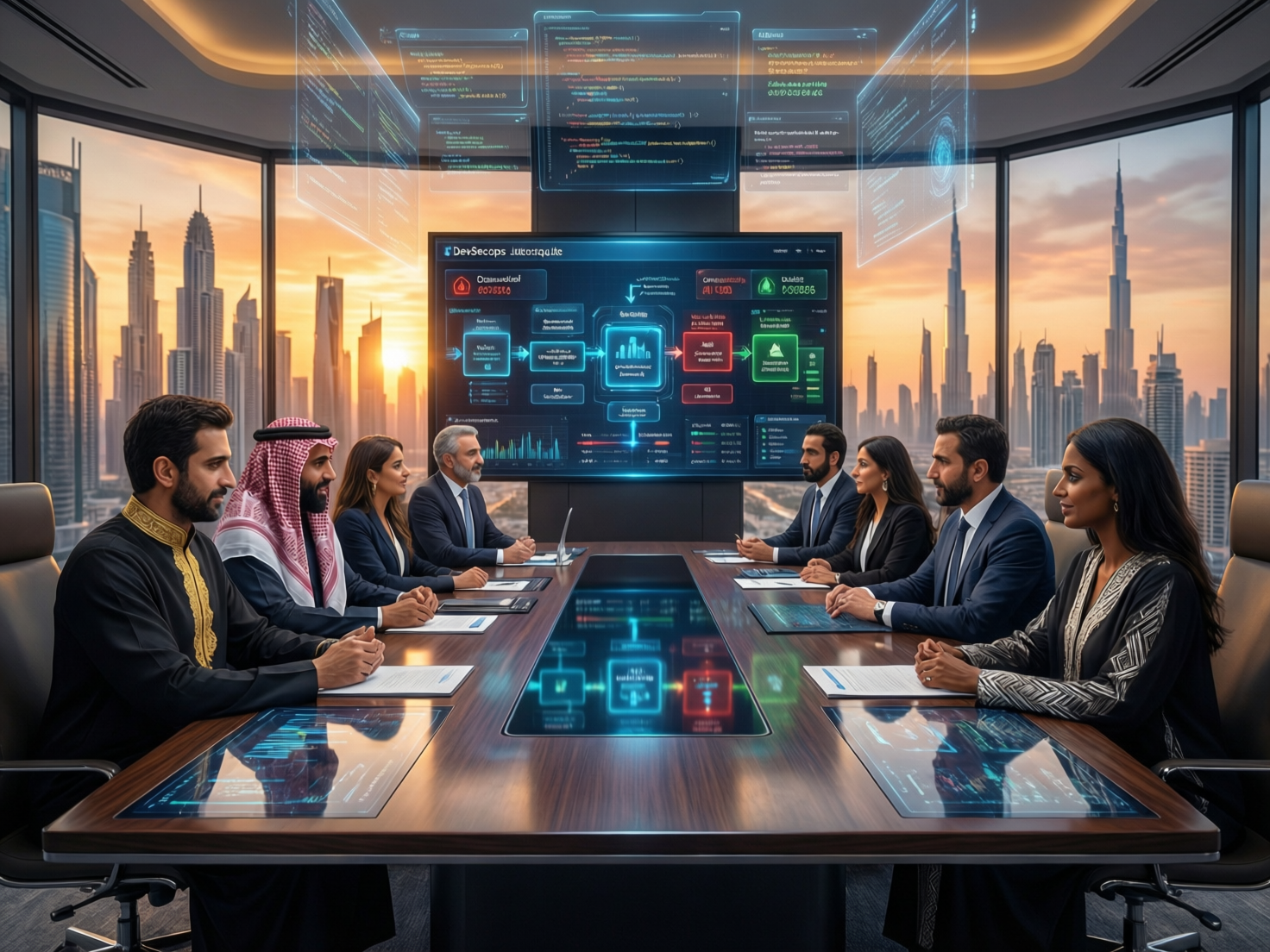 devsecops-in-middle-east-gcc-boardroom-2026.png GCC executives discussing DevSecOps in Middle East strategy for secure CI/CD pipelines