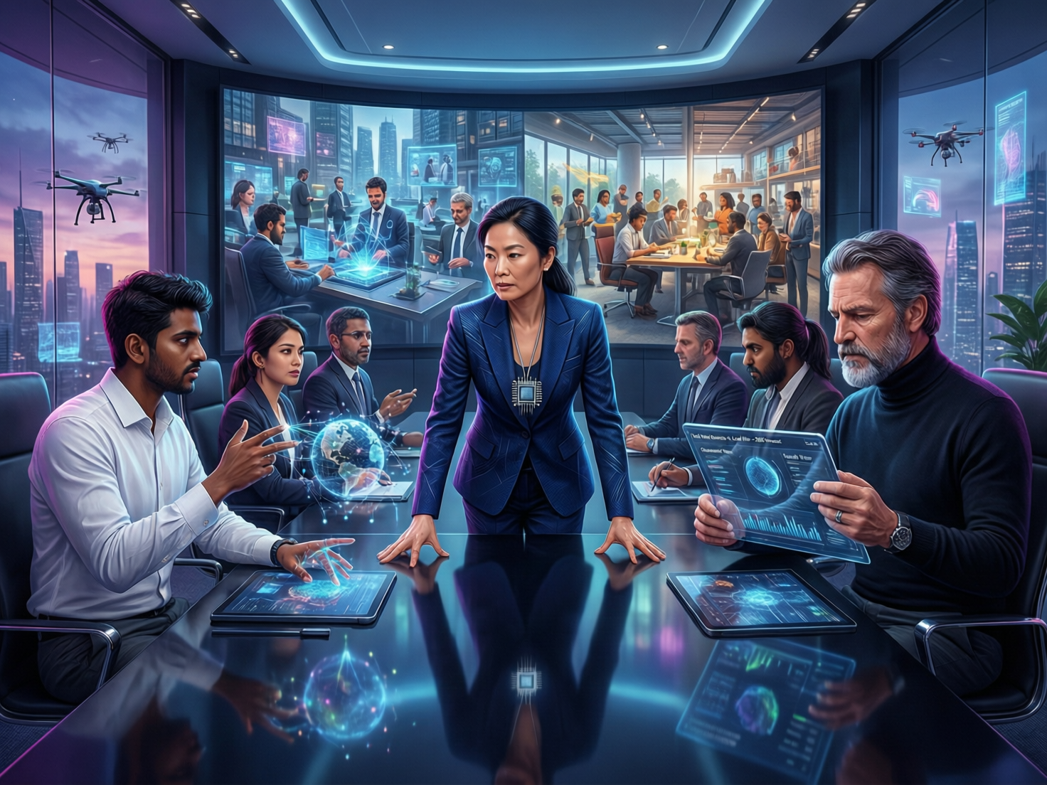 GCC executives discussing tech talent outsourcing vs local hiring in Middle East during a strategy meeting