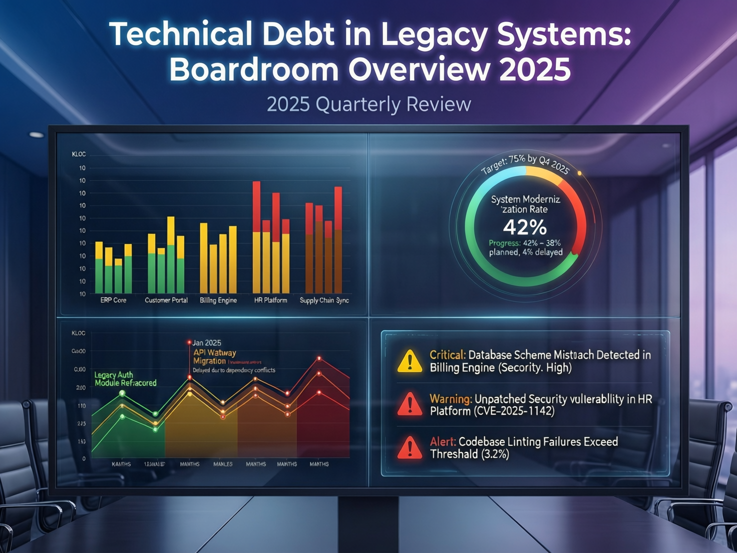 CIO dashboard showing technical debt in legacy systems across US, UK and EU regions