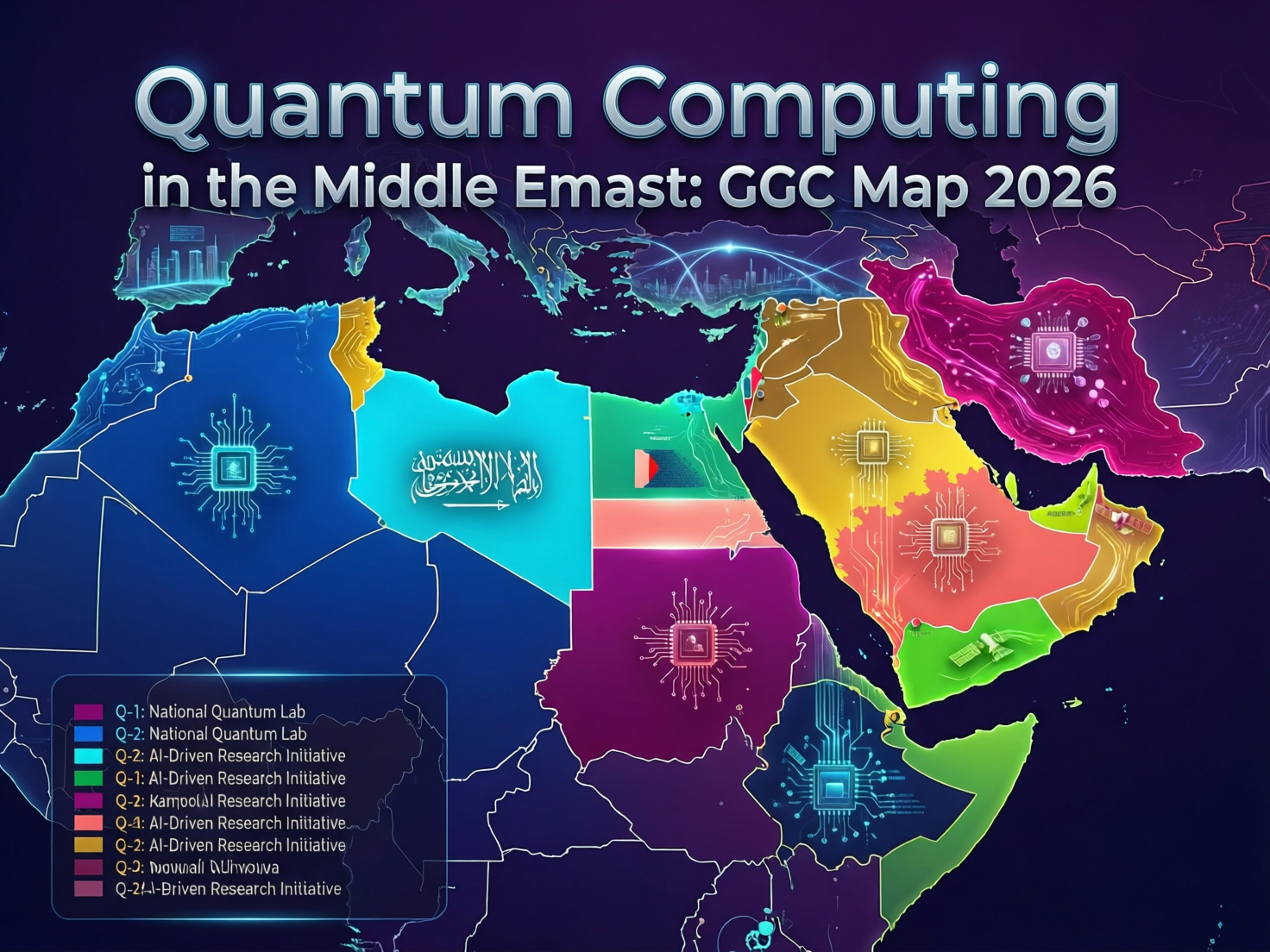 Strategic map of quantum computing in the Middle East showing Saudi Arabia, UAE and Qatar initiatives