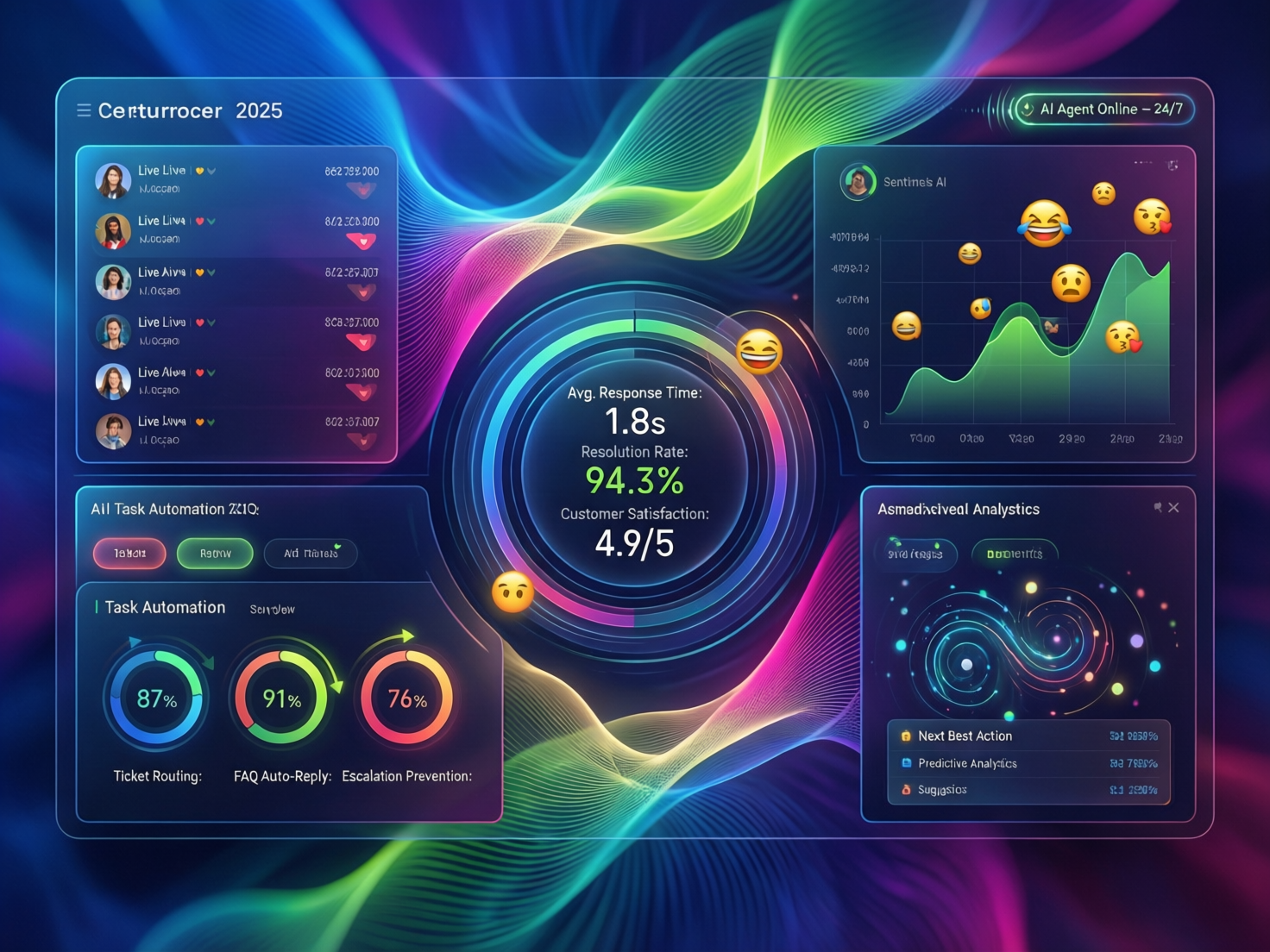 Analytics dashboard showing conversational AI for customer service performance across channels