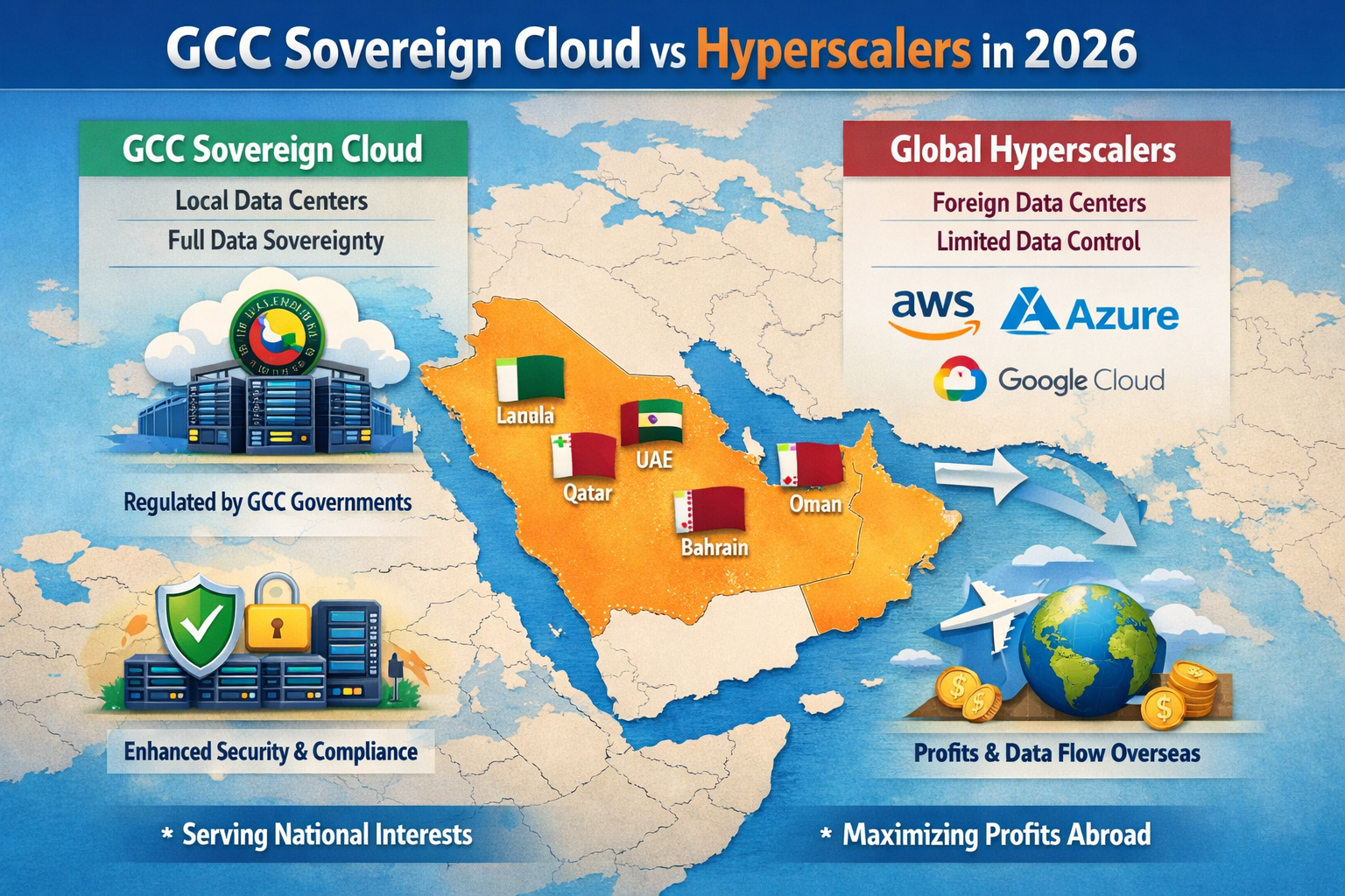 High-level architecture map showing sovereign cloud GCC vs hyperscalers across KSA, UAE and Qatar