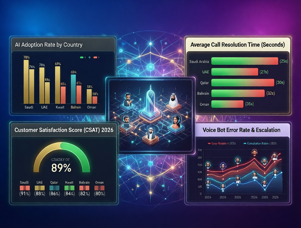 Dashboard showing Arabic AI voice bots for call centers improving GCC CX metrics in 2026