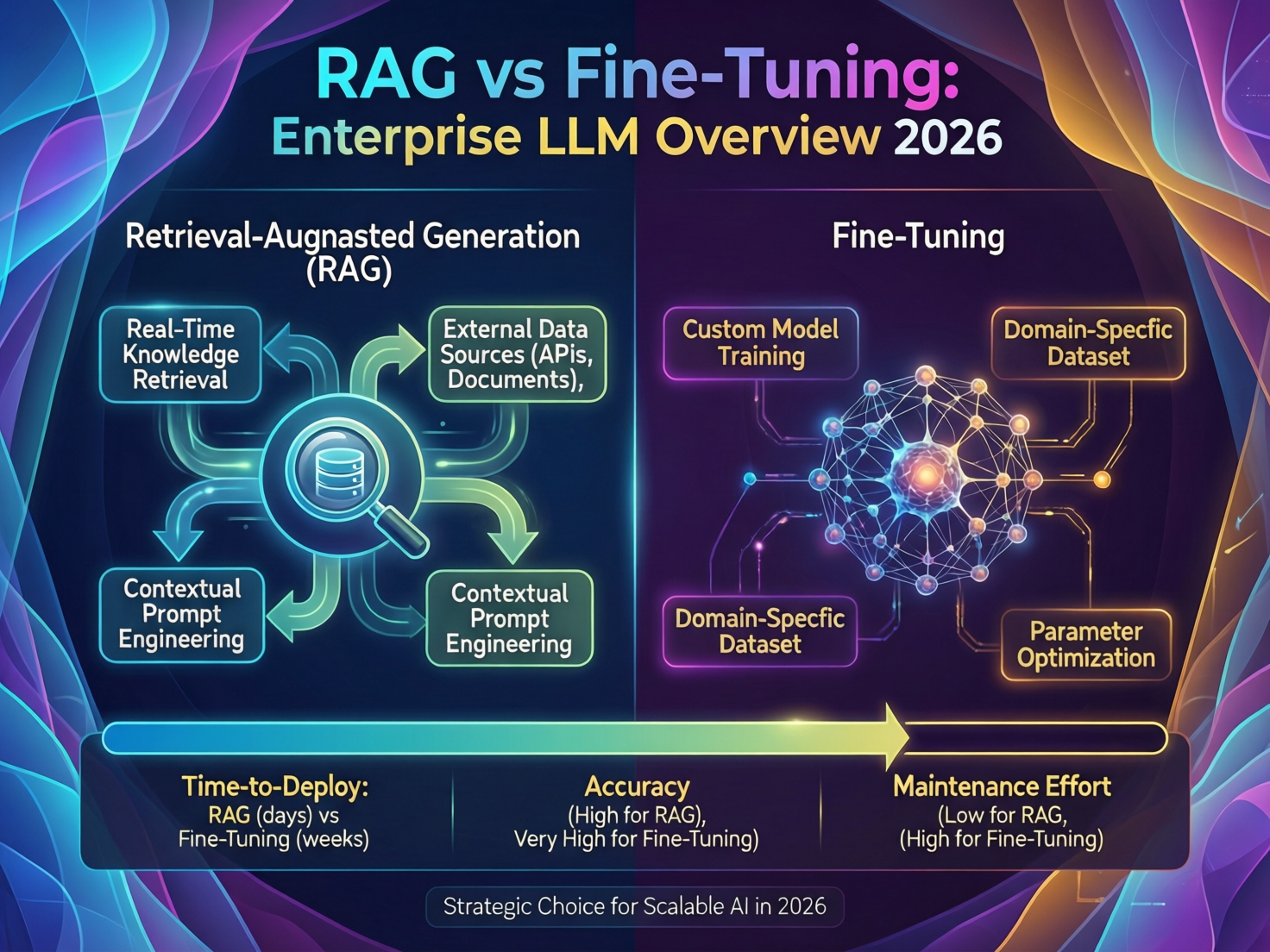 Diagram comparing RAG vs fine tuning for enterprise LLMs across cost, risk and scale.