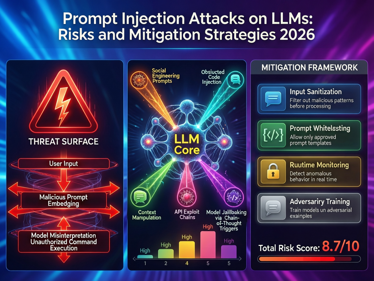 Diagram explaining prompt injection attacks in LLMs and core defenses