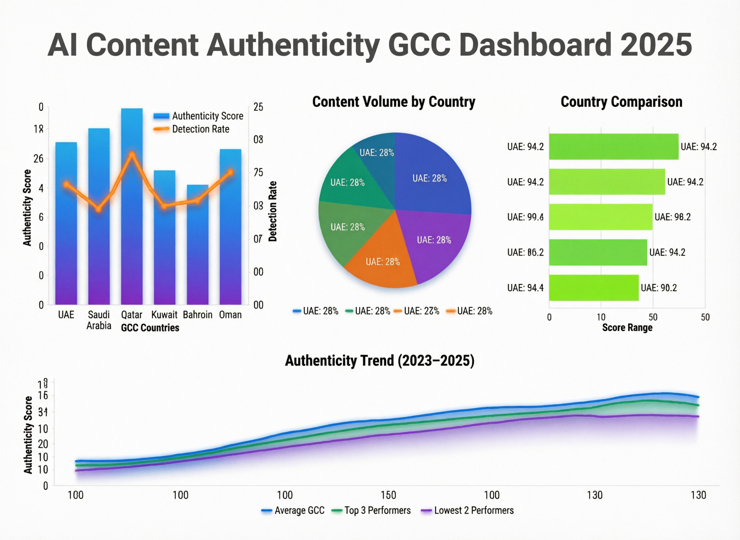 Dashboard visualising AI content authenticity metrics for Arabic GCC brands
